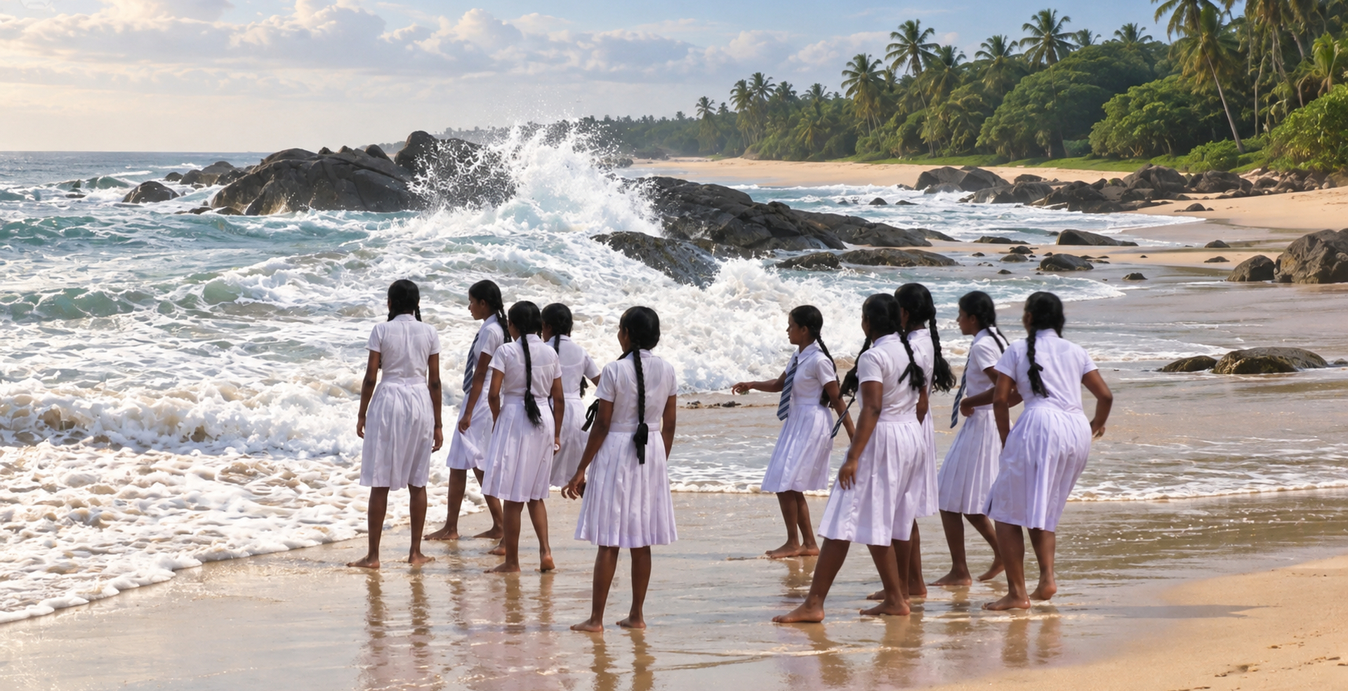 Eine Schulklasse macht einen Ausflug zum Strand von Ambalangoda auf Sri Lanka.